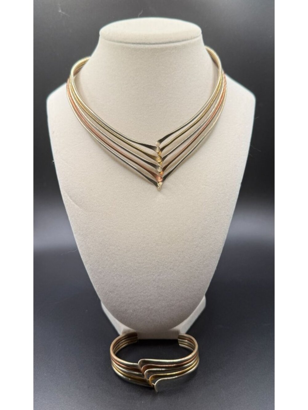Vintage Mixed Metal Chevron Collar Necklace and Cuff Bracelet Set Southwestern M